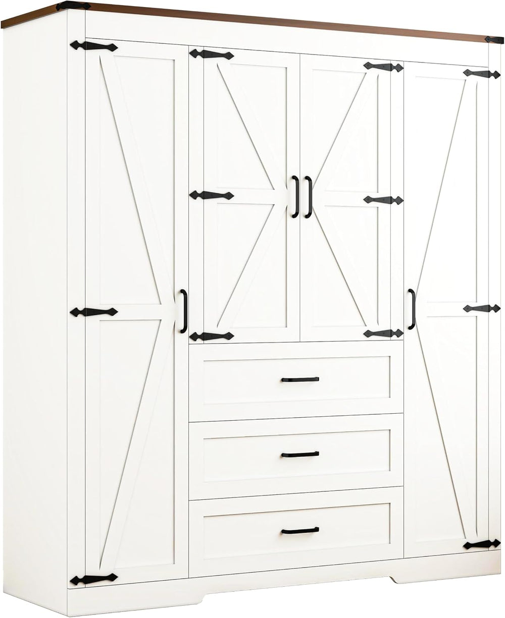 4 Door Armoire Wardrobe Closet Cabinet with 3 Drawers and Drawers, Farmhouse ...
