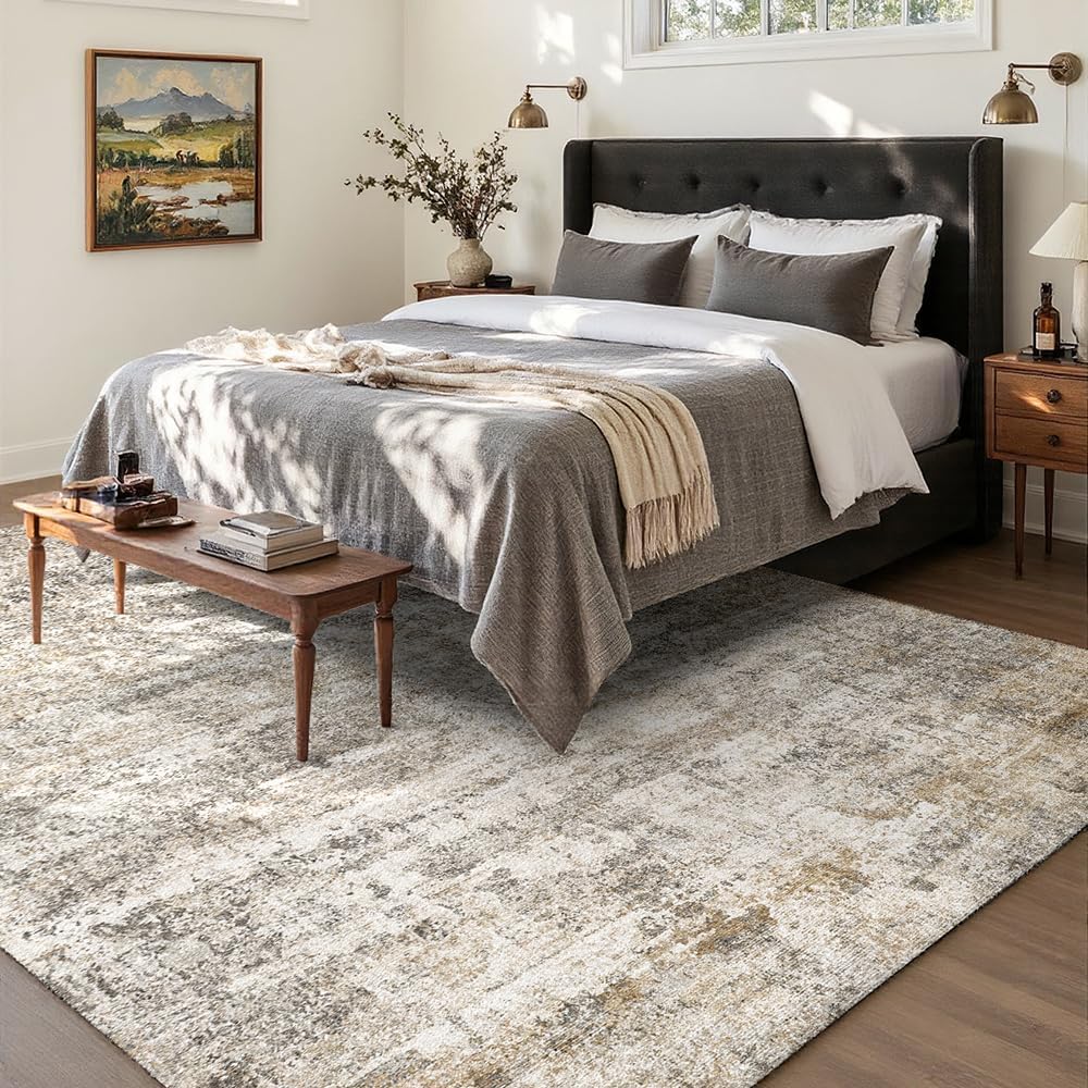 6x9 Grey Beige Washable Area Rug for Living Room, Vintage Print