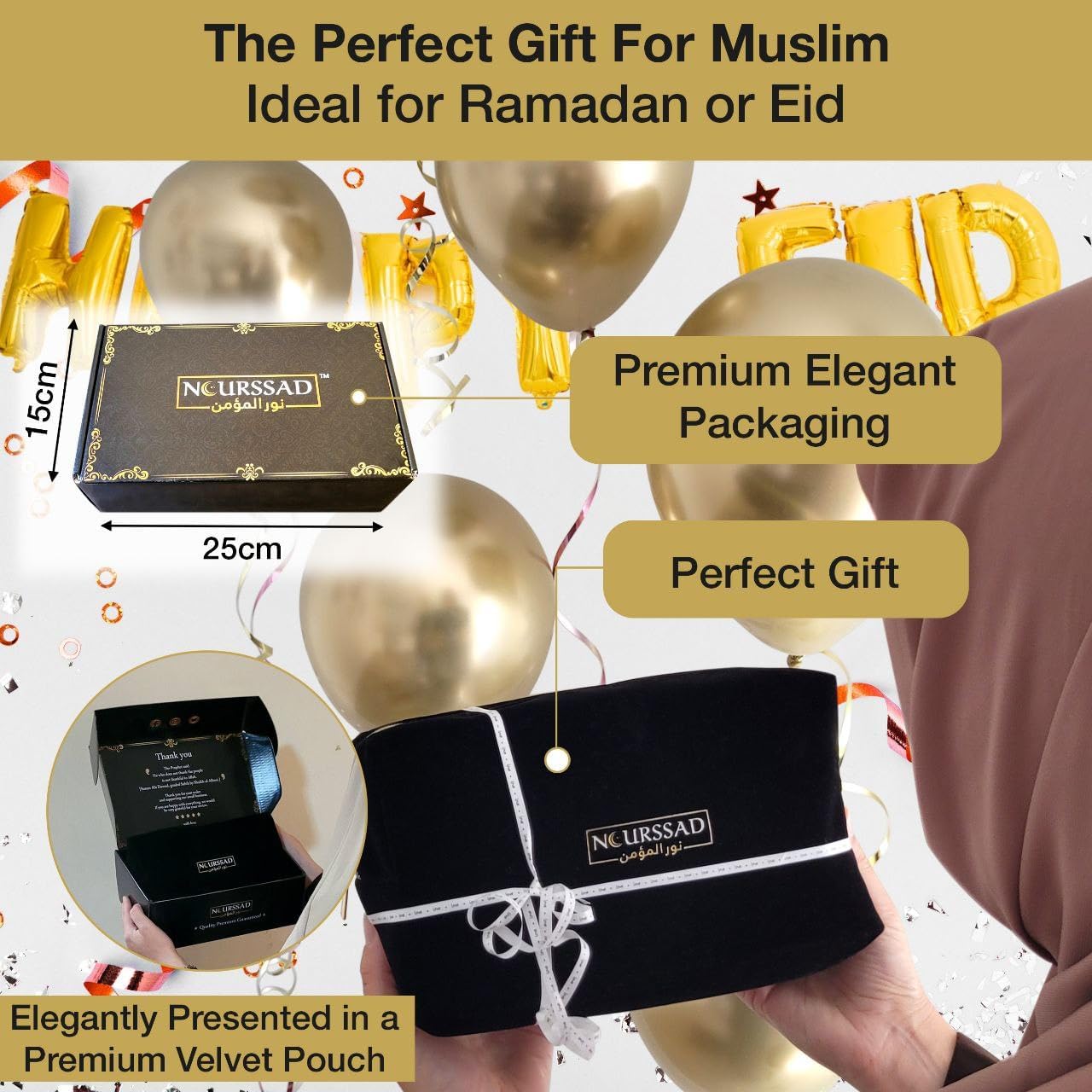 Luxury Velvet Muslim Prayer Mat – Portable Foldable Sajadah with Travel Bag, Dua Booklet & Elegant Gift Box - Premium Islamic Janamaz for Home, Mosque & Travel – Black