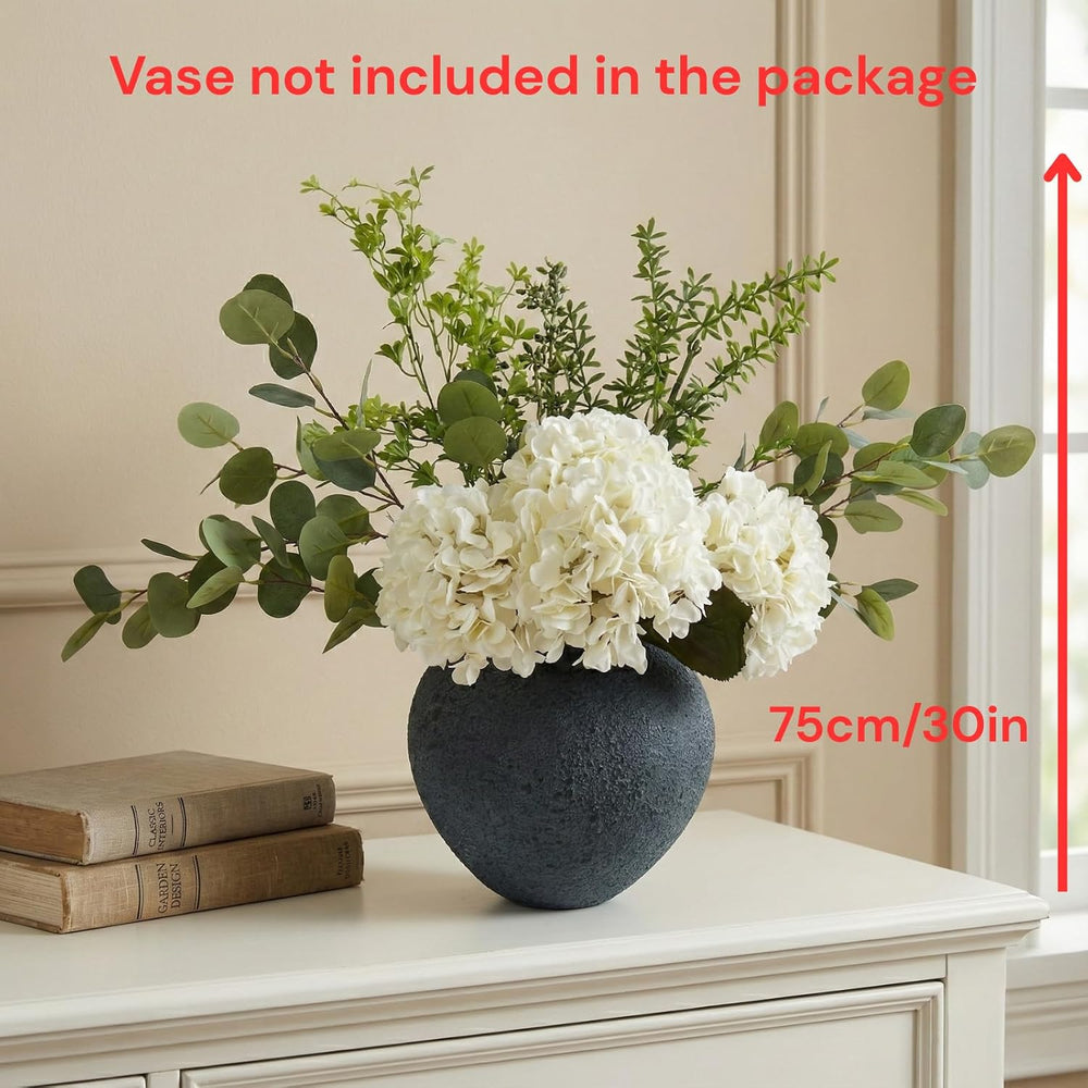 Faux Arrangement - Eucalyptus & White Hydrangea Flowers, Large Artificial...