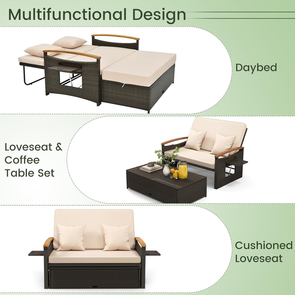 Tangkula Patio Rattan Daybed, Outdoor Wicker Loveseat, Mix Brown & Beige