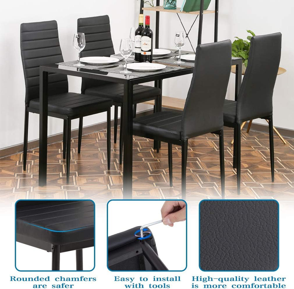 FDW | 5-Piece Dining Table Set | Black | Glass Kitchen Table with 4 Upholster...