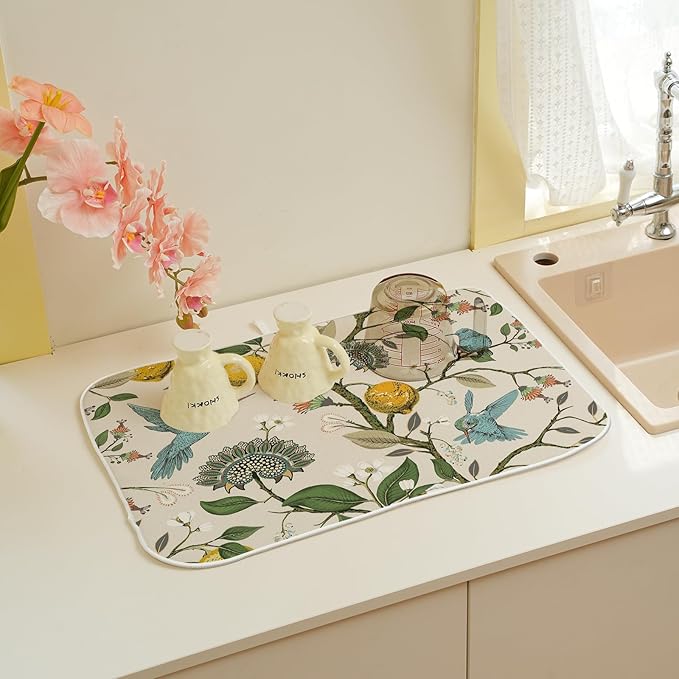 Boho Dish Drying Mat 18x24 Inch Vintage Lemon Floral Blue Bird Drying Mat - Image 6