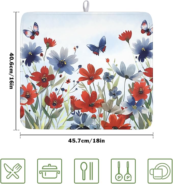 4th of July Dish Drying Mat for Kitchen Counter 16 x 18 Inch Patriotic Floral - Image 2