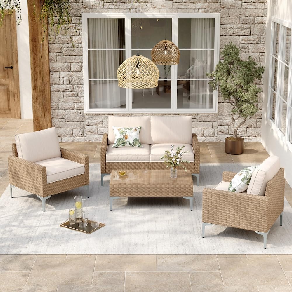JOYURE 4-Piece Patio Furniture Set,Outdoor Wicker Patio Conversation Set with...