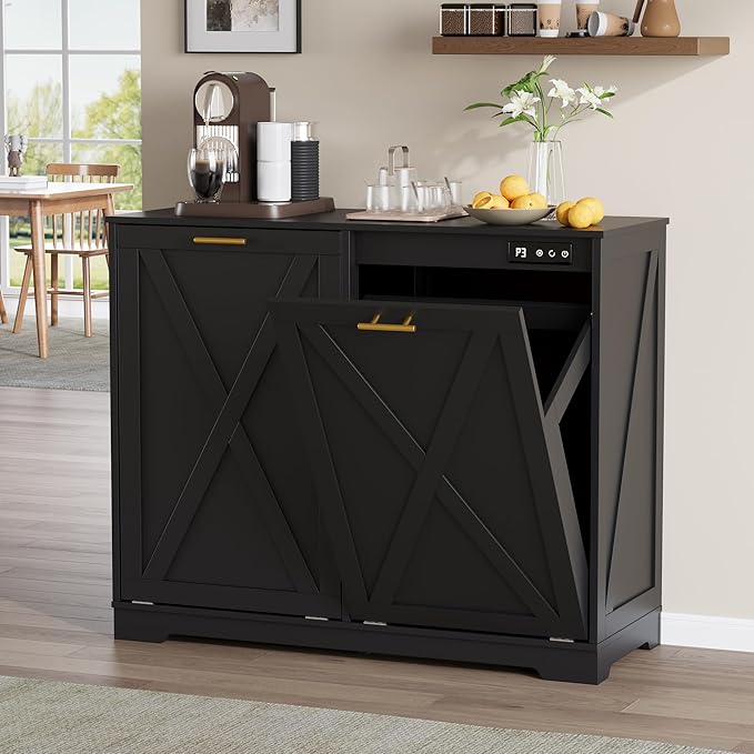 Double Tilt Out Trash Can Cabinet, Wooden Farmhouse Kitchen Garbage Bin by BOXACTION