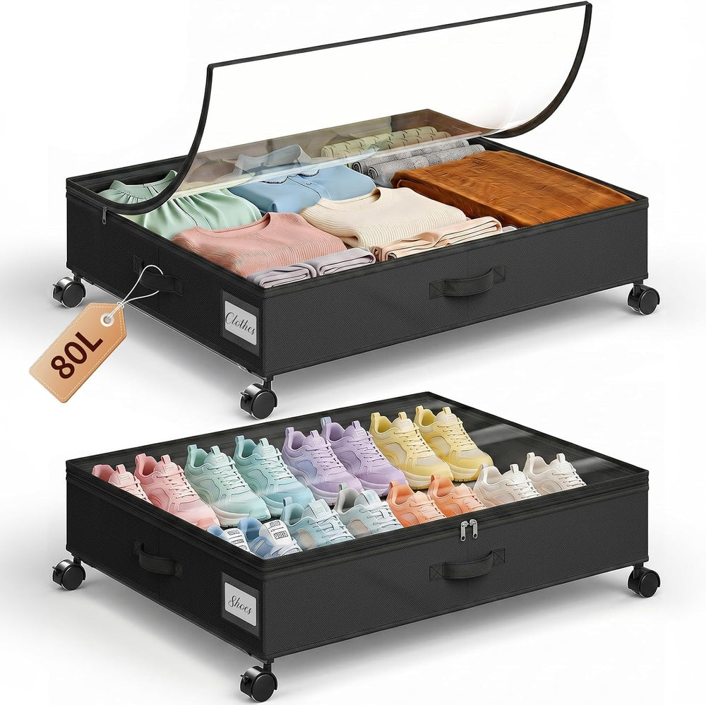 Yecaye 80L Large Under Bed Storage Containers with Wheels, 2 Pack, Black