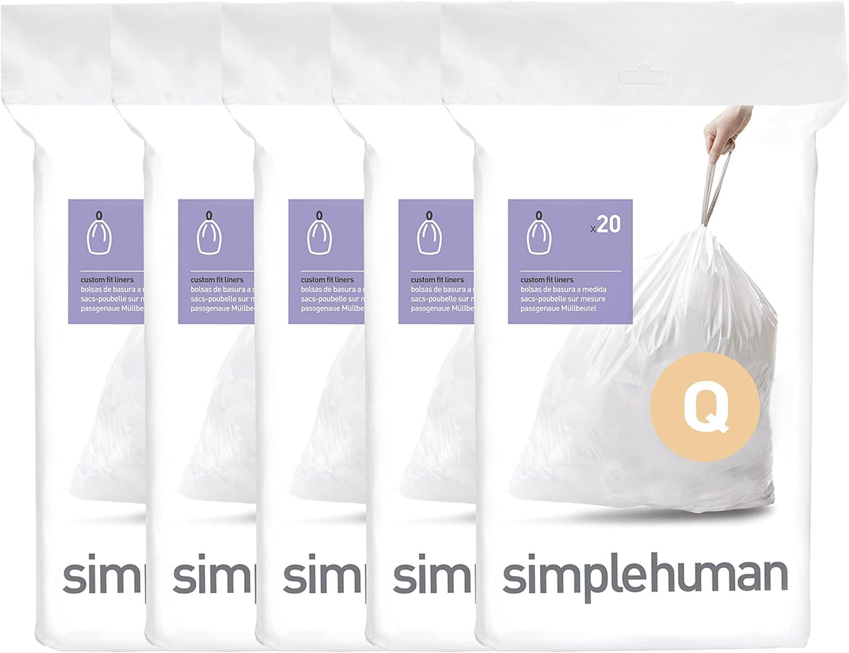 simplehuman Code Q 100 Count Custom Fit Liners, Drawstring Kitchen Trash Bags