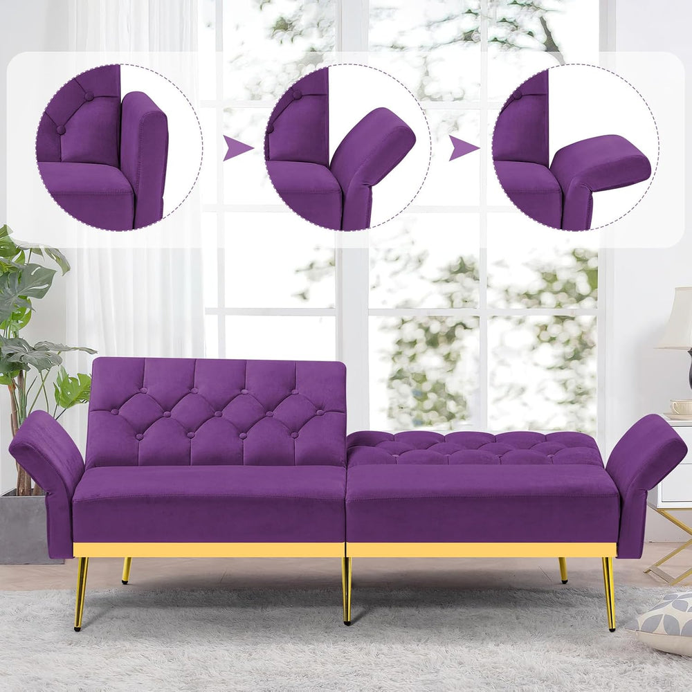 Velvet Sofa Bed w/Adjustable Armrests & Backrests, Purpel