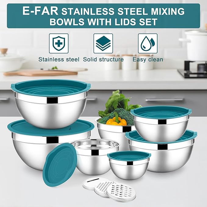 E-far Mixing Bowls with Lids Set, 7-Piece Stainless Steel Mixing Bowls with 3 - Image 7