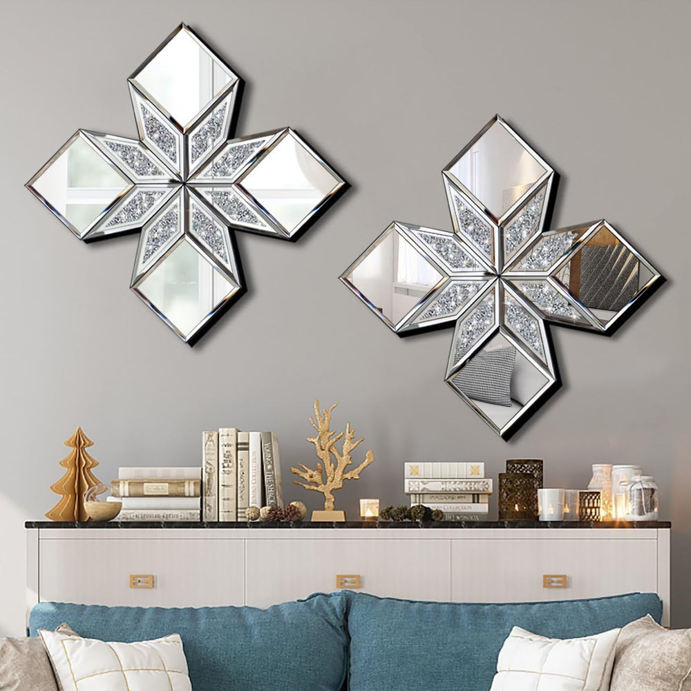 Crushed Diamond Decorative Mirror 2 Pack 16.75x16.75” Diamond Shape Glass Dec...