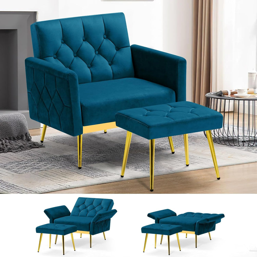 Velvet Accent Chair w/Ottoman & Adjustable Backrests, Teal