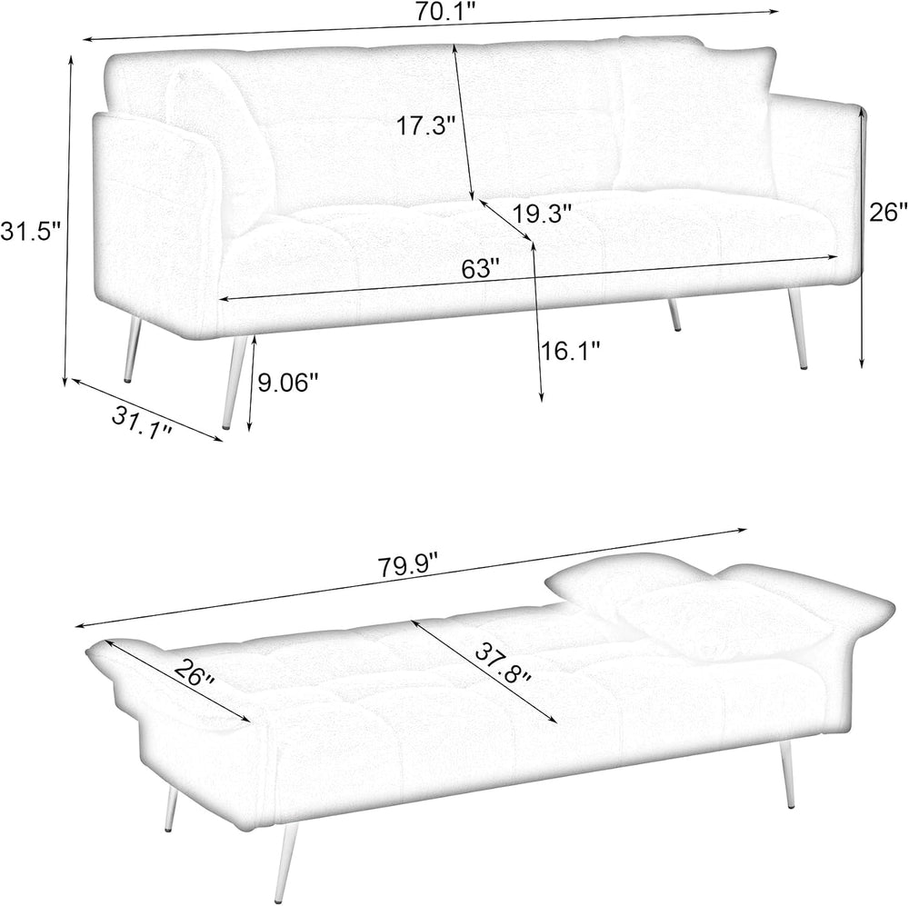 70.1" Teddy Futon Sofa Bed, Convertible Loveseat Couches, Beige
