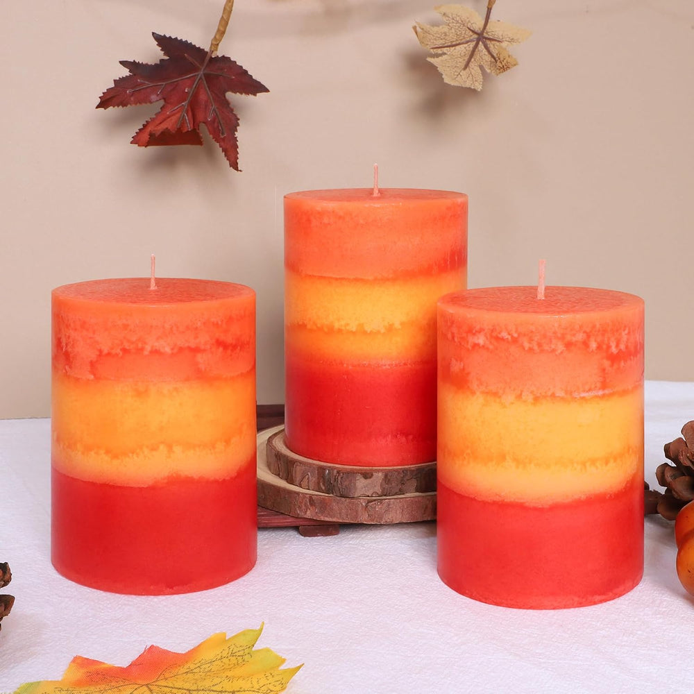 3x4 Inch Pillar Candles 3 Pack Rustic Orange Handmade Layered Clean Burning P...