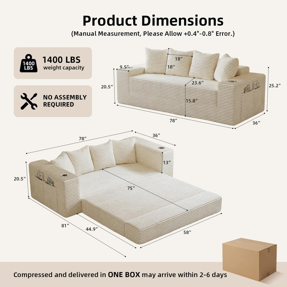 78" Boneless Couch for Living Room, Futon Sleeper Sofa Bed