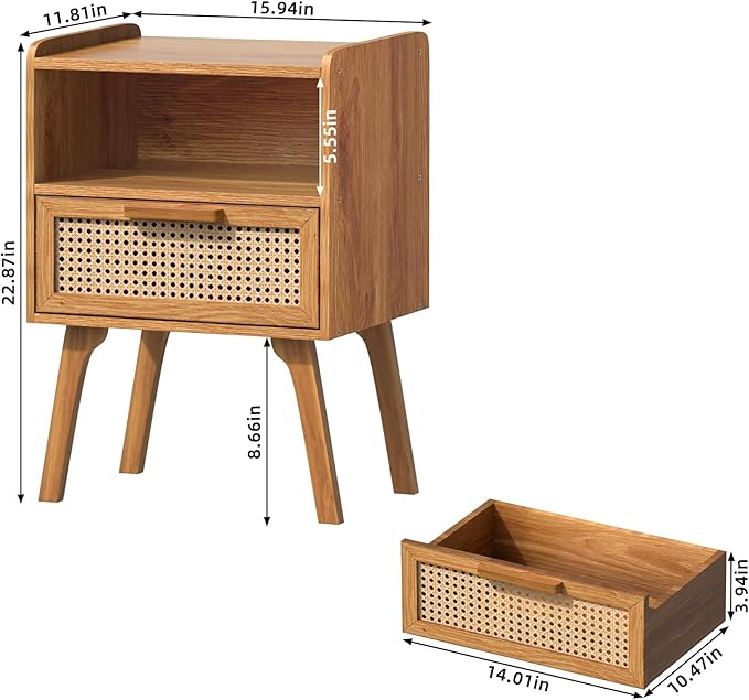 Lerliuo Rattan Nightstands Set of 2, Side Table with Drawer, Cane Accent Beds...