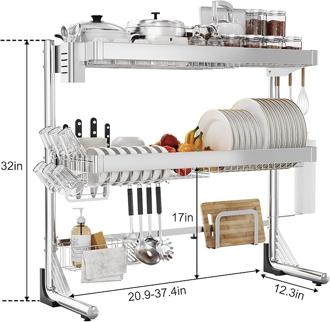 Over The Sink Dish Drainer Drying Rack 3 Tier, Full Stainless Steel Dish Drying - Image 6