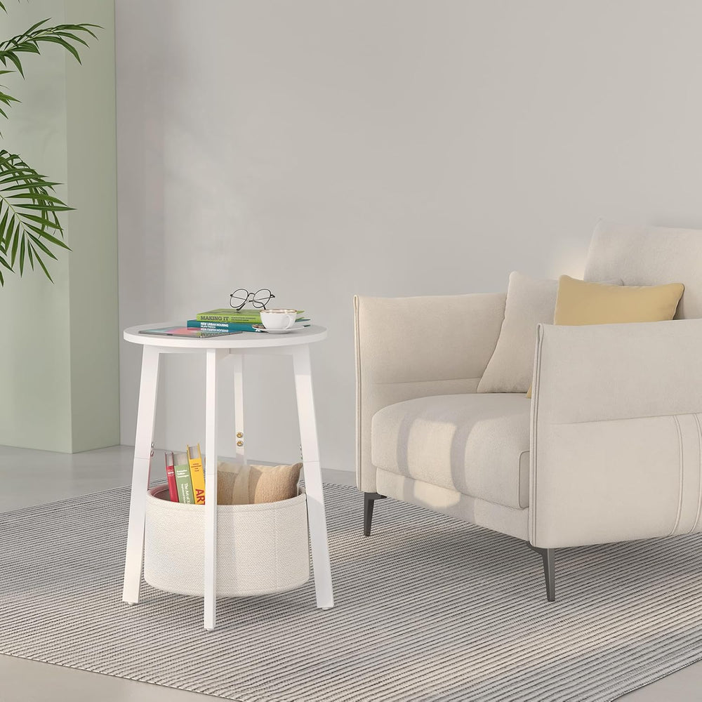 sthmec Small Round Side End Table with Cloth Storage Basket, Round Bedside So...