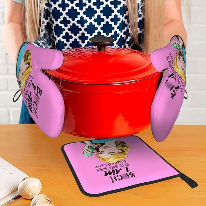 Funny Oven Mitts and Pot Holders Sets, Cute Pink Heat Resistant Oven Gloves and - Image 7