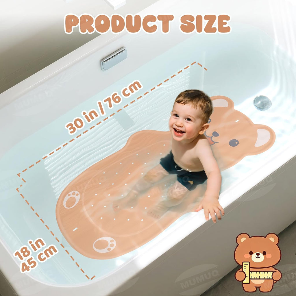 Kids Bathtub Mat Non Slip 30"x18" Soft Rubber Shower Mat for Kids | Baby Bath Mat for Tub, Bear Cartoon Design, 120+ Suction Cups, 40+ Drain Holes, Machine Washable Non-slip Tub Mat