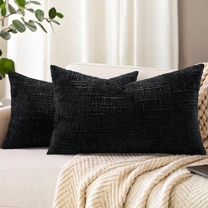 decorUhome Black Chenille Throw Pillow Covers 12x20 Set of 2 Textured Soft Cozy by decorUhome
