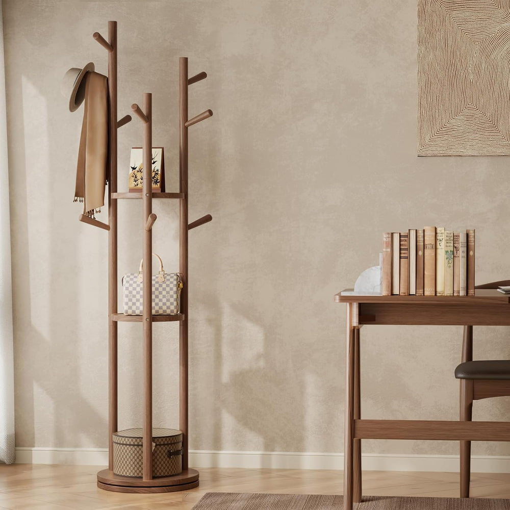 Muwuele Solid Wood Rotary Coat Rack, Freestanding Coat Rack with 3 Shelves an...