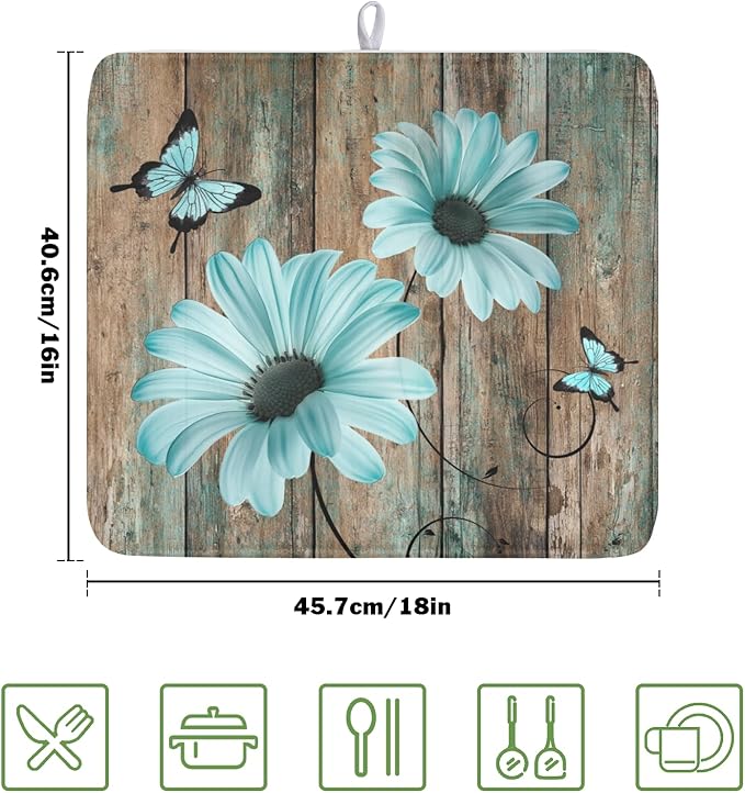 Teal Sunflowers Drying Mat 18x16 Inch, Summer Wooden Board Drying Mat - Image 2