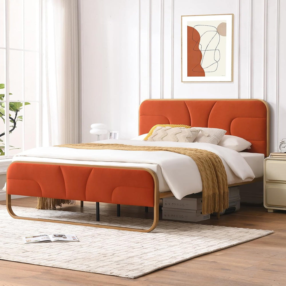 VELOCAVA Full Size Velvet Upholstered Platform Bed with Headboard, Modern Rou...