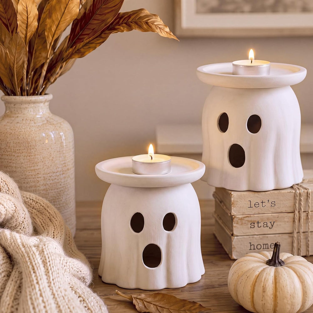 Tioncy 2 Pcs Halloween Terracotta Ghost Candle Holder Table Decor White