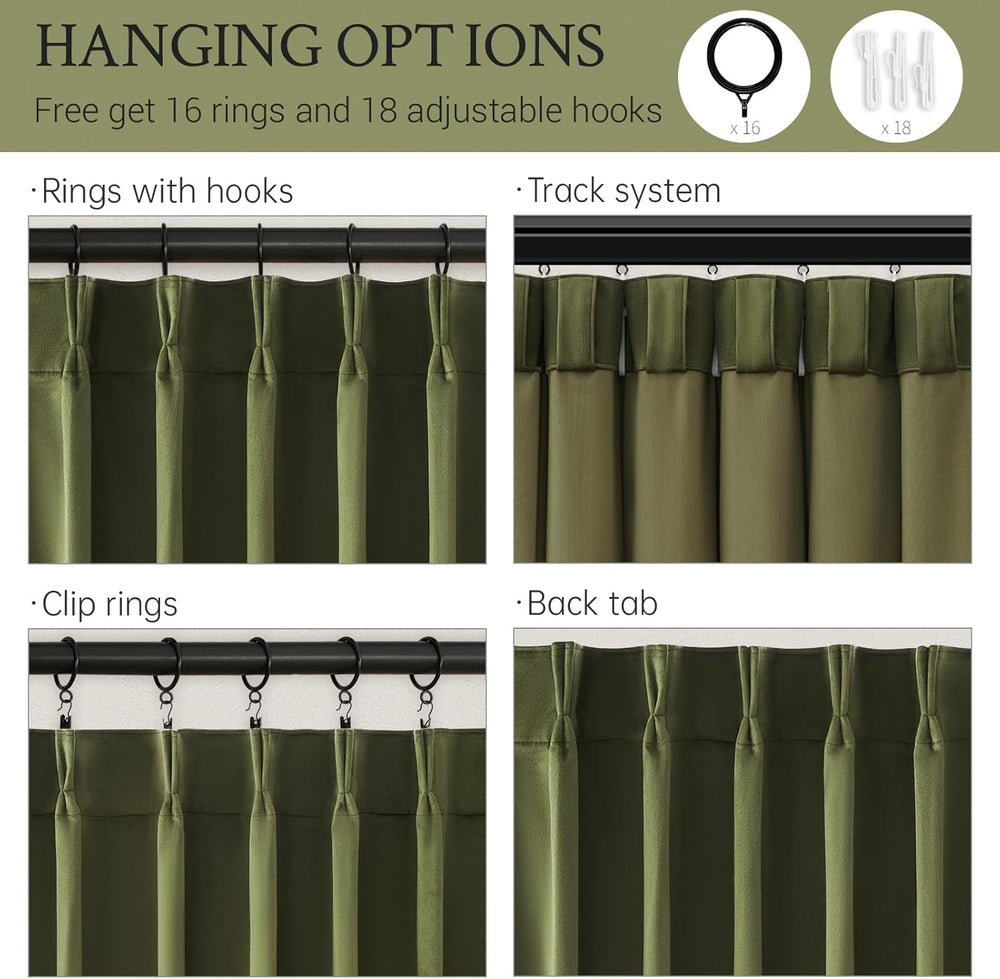 Olive Green Velvet Blackout Curtains 84 Inches 2 Panels Forest Green Elegant ...