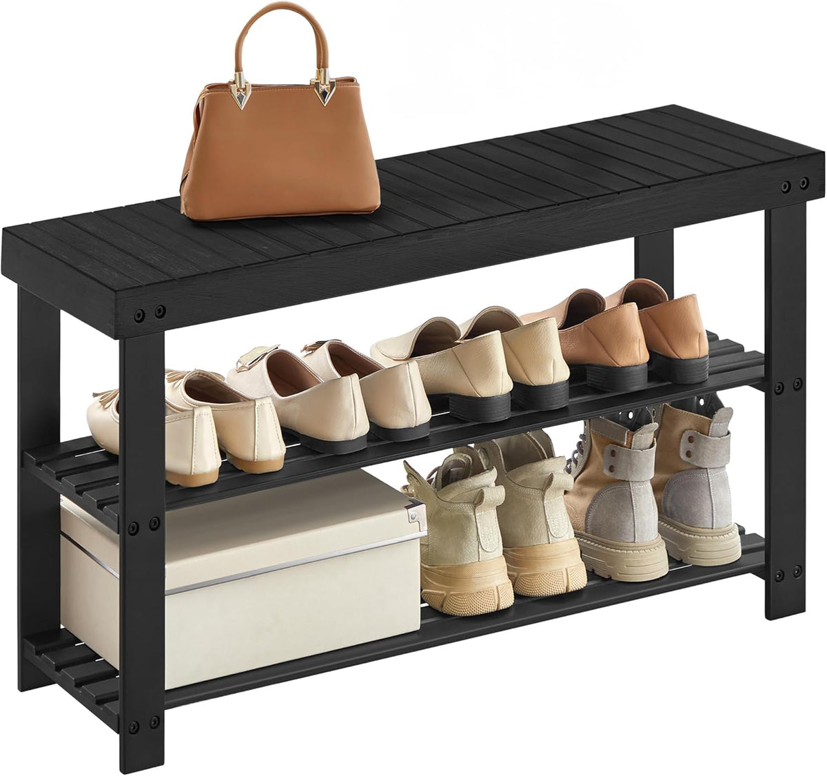 SONGMICS Shoe Rack Bench, 3-Tier Bamboo Entryway Bench, 35.4 Inches Width