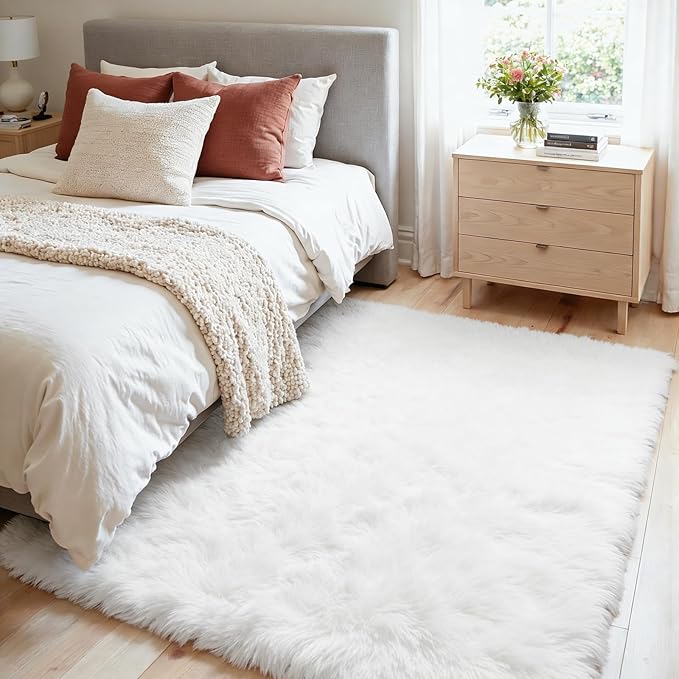4x6 Area Rugs for Living Room Rug: Soft Fluffy Shag White Rugs for Bedroom - Image 3