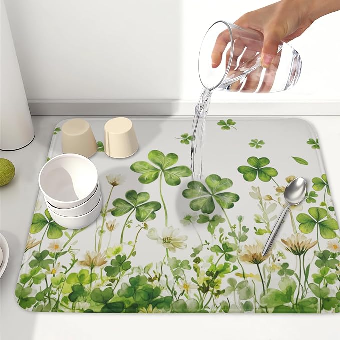 St Patrick's Day Dish Drying Mat 16 x 18 Inch Green Clover Dish Drainer Rack - Image 6