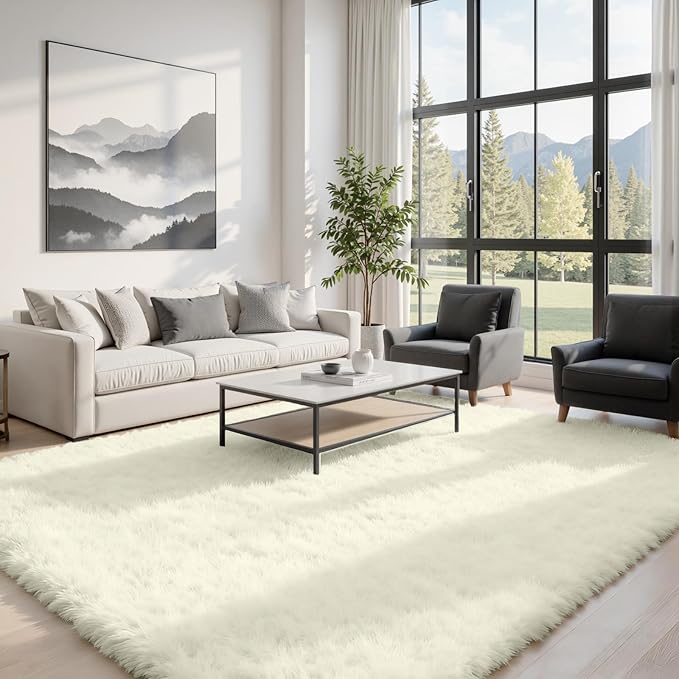 5x8 Area Rugs for Living Room: Soft Fluffy Shag Cream White Rugs for Bedroom - Image 3