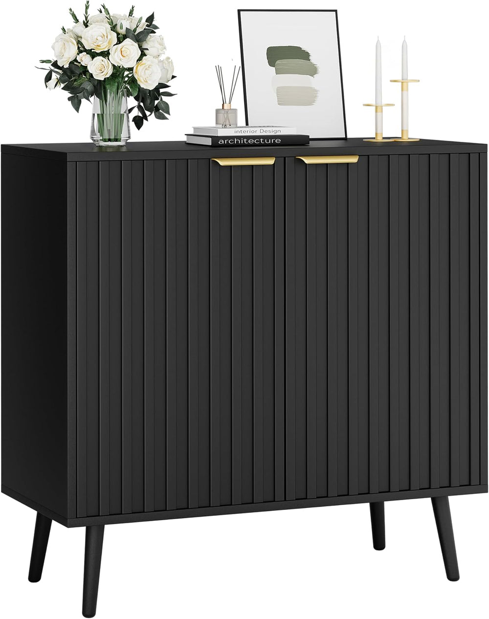Vrullu Modern Storage Cabinet, Black Sideboard and Buffet Storage, Wood Accen...