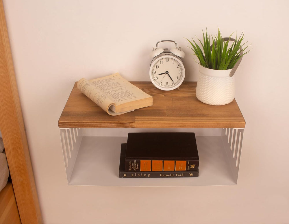 Floating Nightstand with White Metal Base, Wooden Top and Sturdy Metal Base, ...