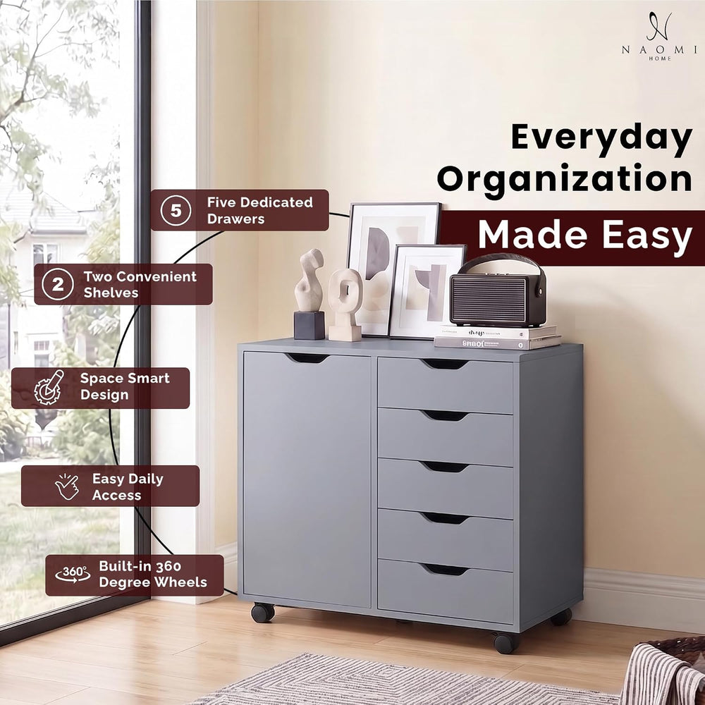 Naomi Home Amy 5-Drawer Rolling Drawer Dresser With Cabinet - Gray