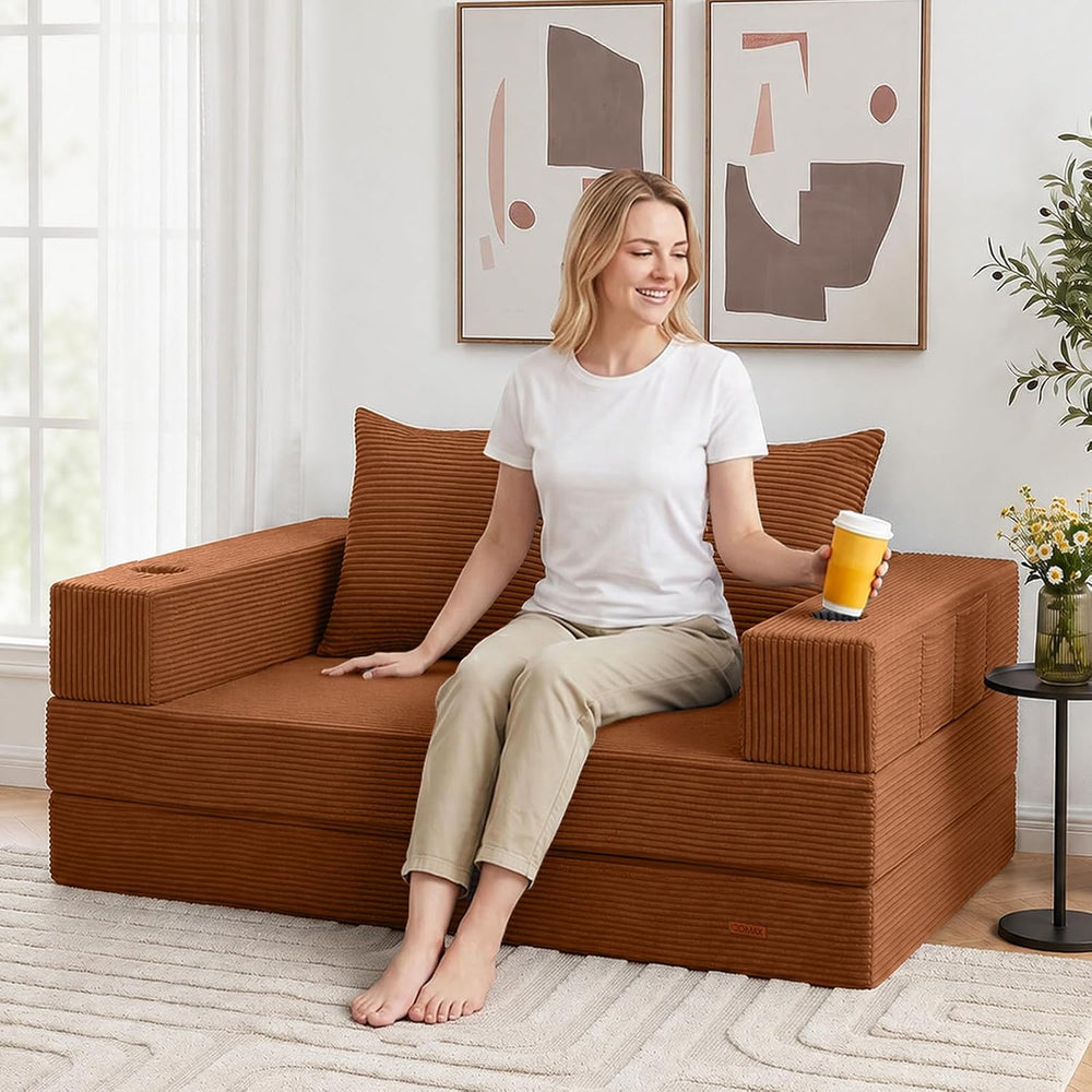 COMAX Boneless Futon Sofa Bed, 59" Small Low-Profile Floor Couch, Orange