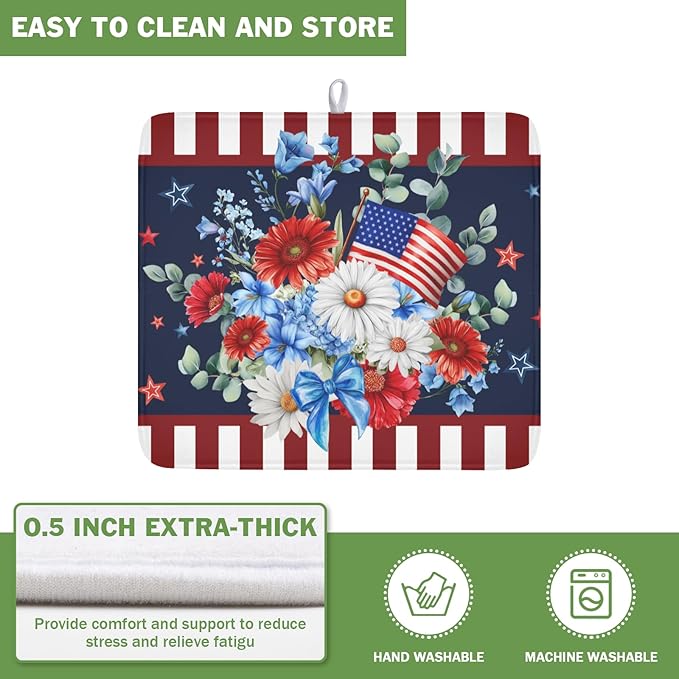 4th of July Dish Drying Mat for Kitchen Counter Patriotic Red Blue and White - Image 5