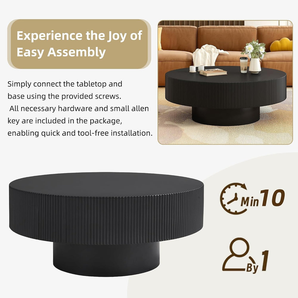 31.5" Round Coffee Table, Modern Fluted Drum Center Table