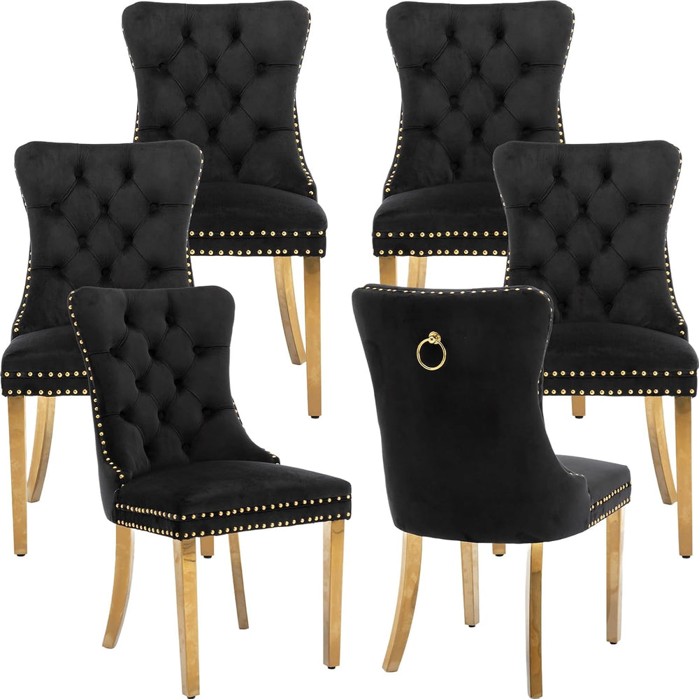 Mid Century Modern Dining Chairs Set of 6, Black Velvet Upholstered Tufted Ba...