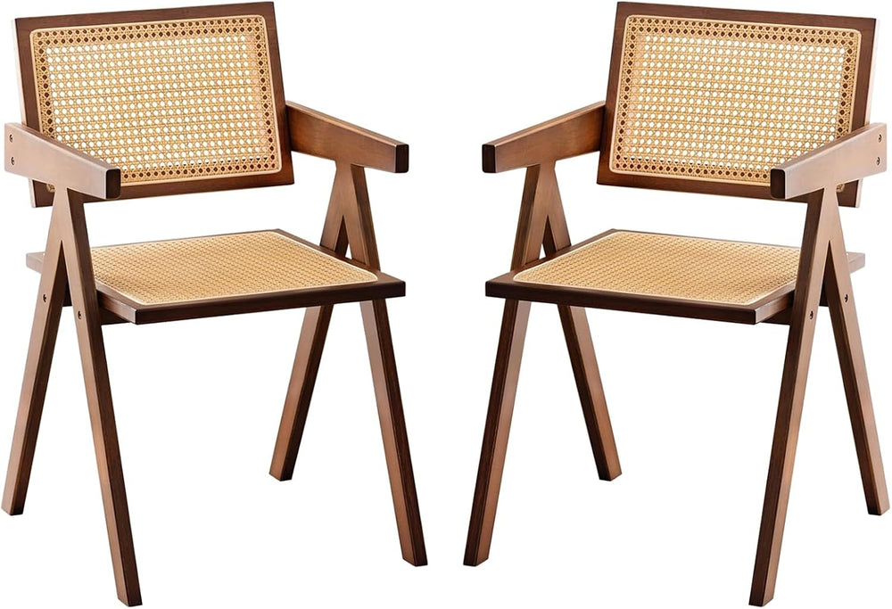 Furlide Rattan Dining Chairs Set of 2, Bamboo Armchairs in Walnut