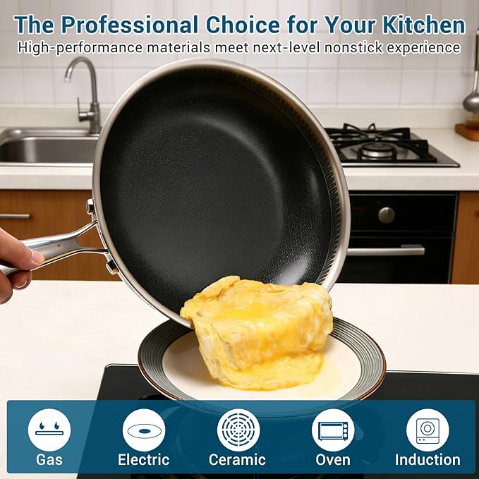 8 Inch Tri-Ply Stainless Steel Hybrid Frying Pan, Ceramic Nonstick Skillet - Image 5