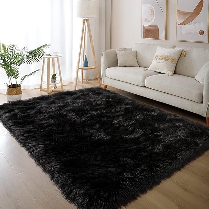 Latepis Black Rug for Living Room Faux Fur 5x6.7 Fluffy Rug Washable Sheepskin by Latepis