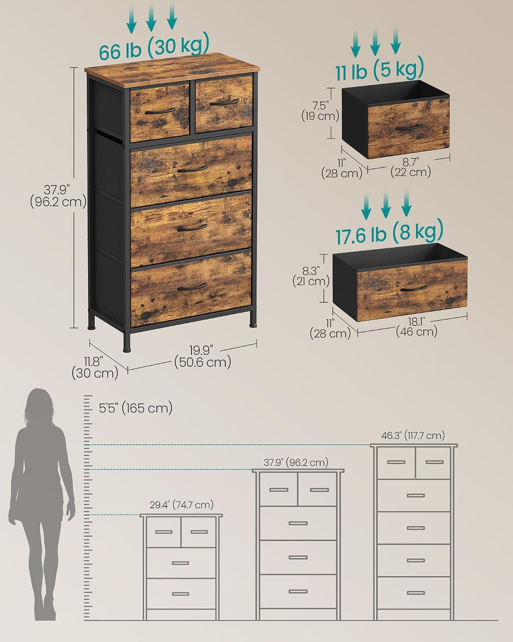 SONGMICS Tall Dresser for Bedroom, 5 Fabric Drawers with Steel Frame