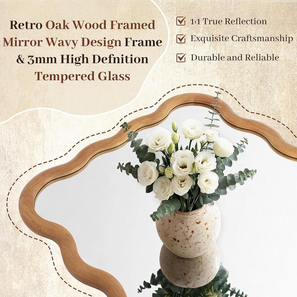 WallBeyond 22"x30" Wavy Wood Mirror, Wood Wall Mount Mirror with De...