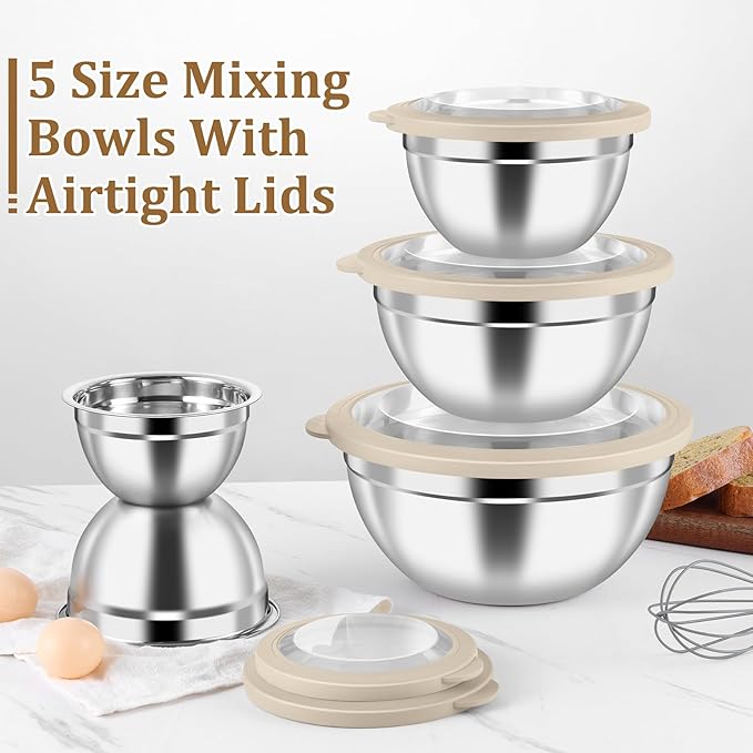 P&P CHEF Mixing Bowls with Visible Airtight Lids Set of 5, 10-Piece Stainless - Image 7