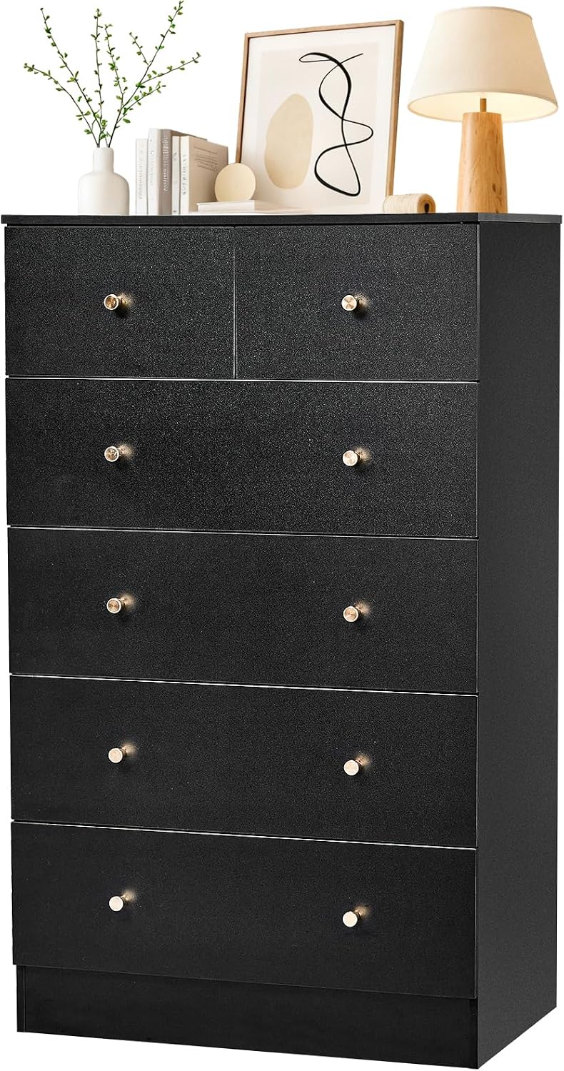 Karl home Black 6 Drawer Dresser, Rose Gold Handle Modern Bedroom Chest