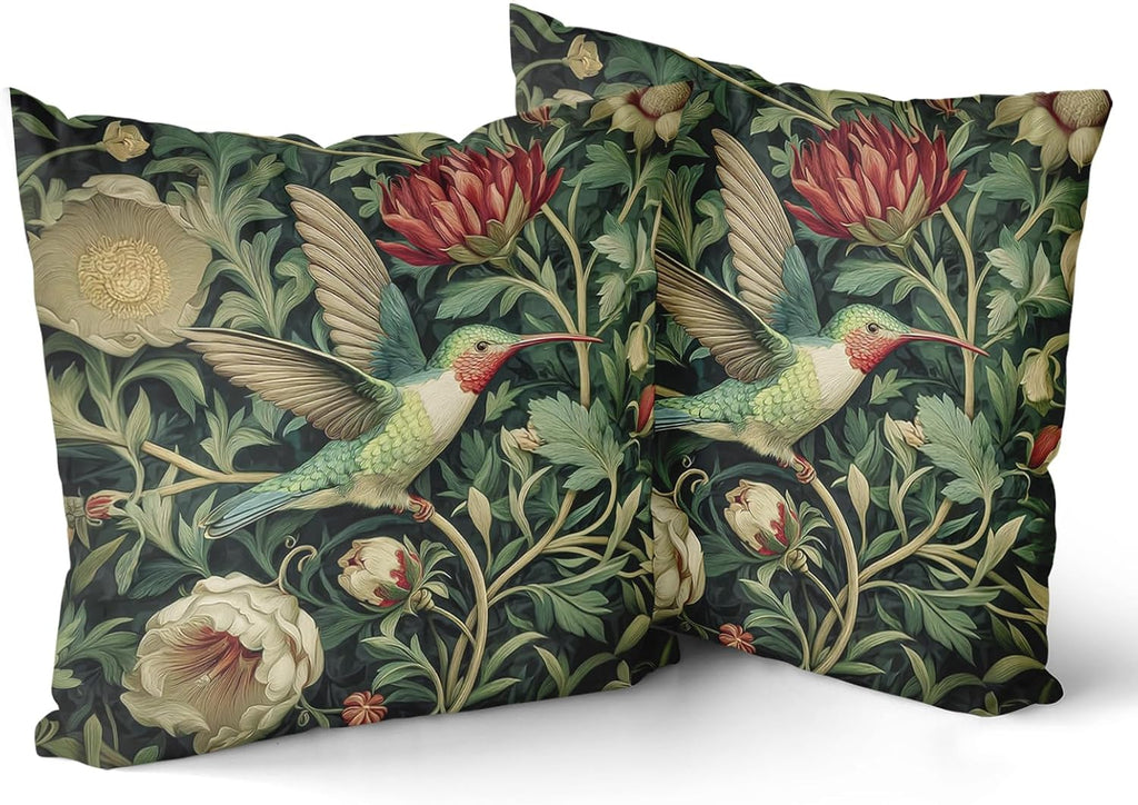 Giwawa Vintage Hummingbird Pillow Covers Set of 2, Rustic Green Bird Floral Pillow Cases 20x20in, Boho Flower Botanical Cotton Throw Cushion Covers for Sofa Couch Patio Seasonal Decoration