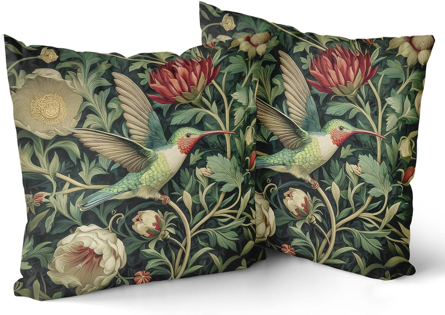 Giwawa Vintage Hummingbird Pillow Covers Set of 2, Rustic Green Bird Floral Pillow Cases 20x20in, Boho Flower Botanical Cotton Throw Cushion Covers for Sofa Couch Patio Seasonal Decoration